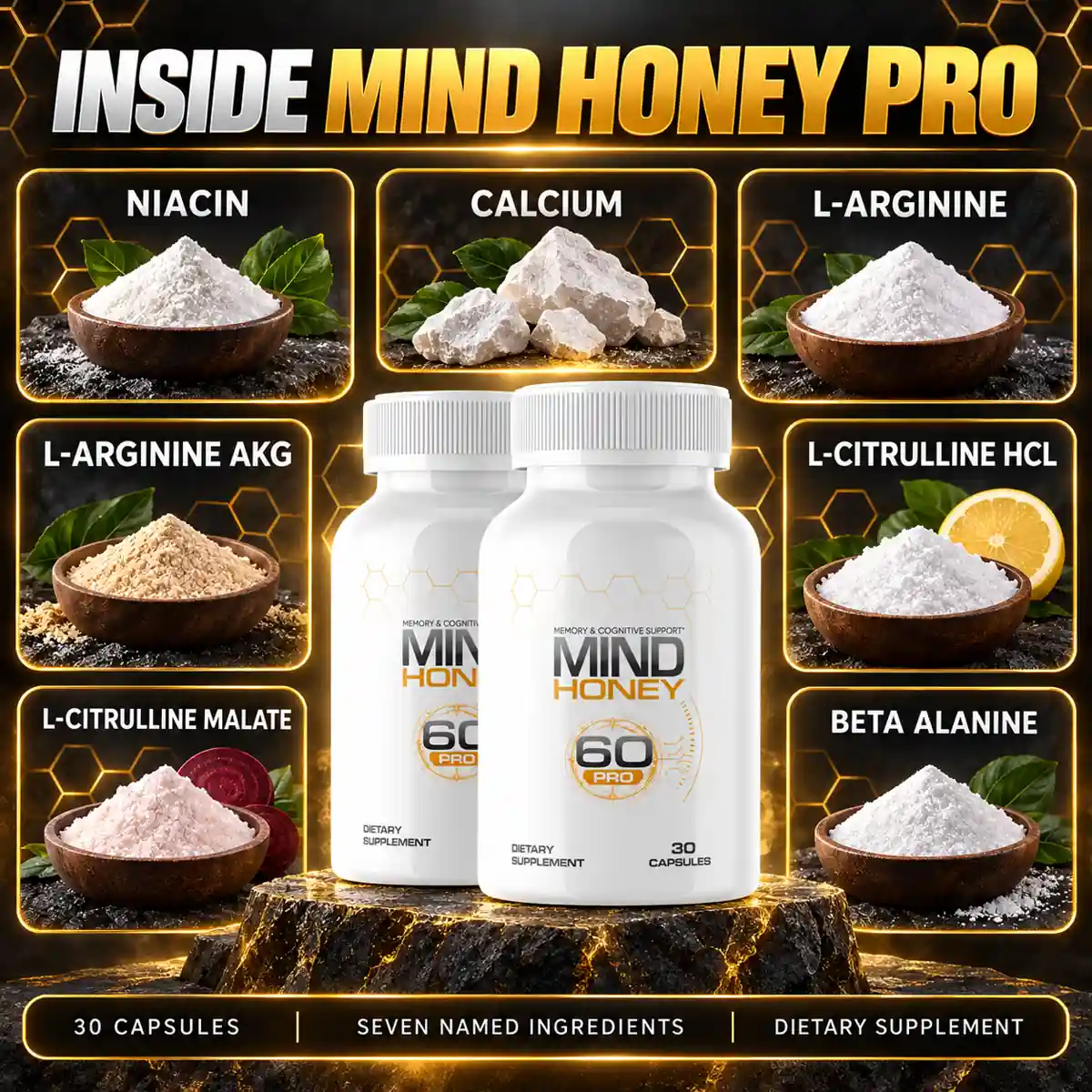 The seller's Inside Mind Honey Pro graphic naming all seven actives