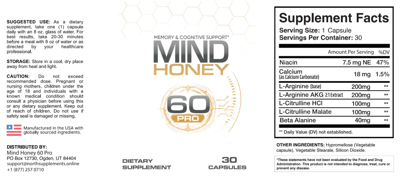 The flat Mind Honey Pro label artwork showing the Supplement Facts panel